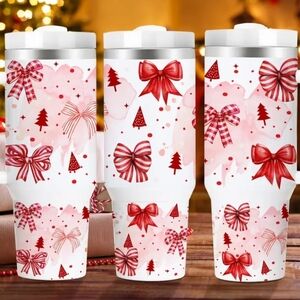 Holiday Red and White Stainless Steel Enameled Tumbler with Lid,Straw & Ribbons
